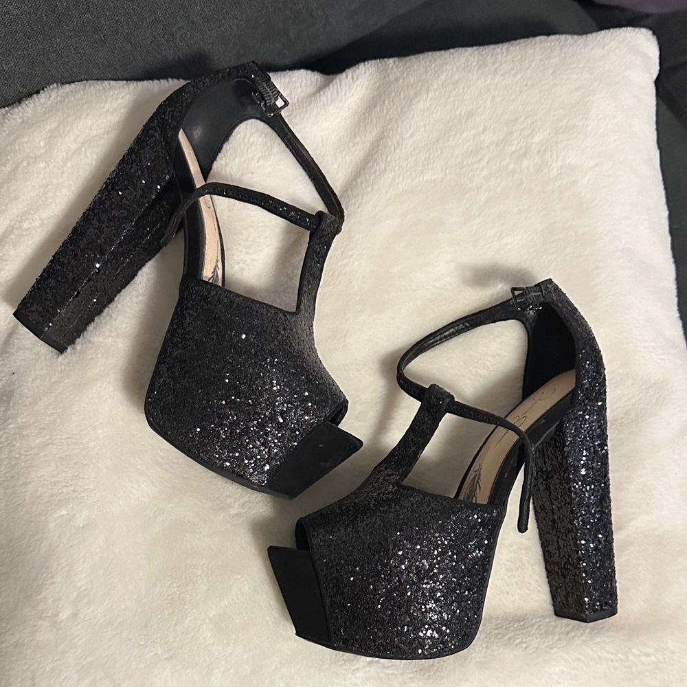 Jessica simpson vintage platform Black Glitter Platform Heels 7 1/2
